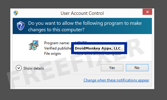 Screenshot where DroidMonkey Apps, LLC appears as the verified publisher in the UAC dialog